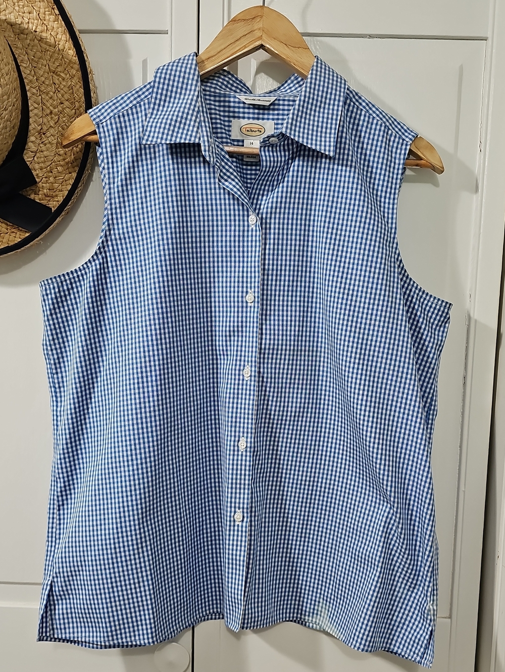 Casual Blue Gingham Button-Down Shirt - Sleeveless